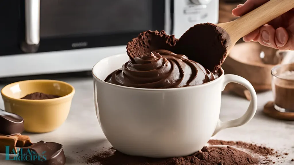 Chocolate mug cake topped with whipped cream