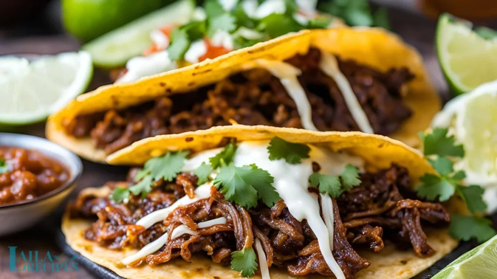 Birria Tacos recipe: A close-up of crispy birria tacos filled with tender, shredded beef and melty cheese, garnished with cilantro, onion, and a wedge of lime on the side, with a bowl of consomé for dipping.