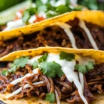 Birria Tacos recipe: A close-up of crispy birria tacos filled with tender, shredded beef and melty cheese, garnished with cilantro, onion, and a wedge of lime on the side, with a bowl of consomé for dipping.