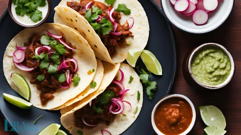 Birria Tacos recipe: Overhead shot of birria tacos on a platter with fresh cilantro, onion, and lime wedges, accompanied by a small bowl of consomé for dipping.