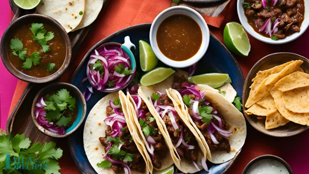 Birria Tacos recipe: A steaming plate of birria tacos, golden and crispy, filled with savory beef and oozing cheese, topped with cilantro, onion, and served with consomé for dipping.