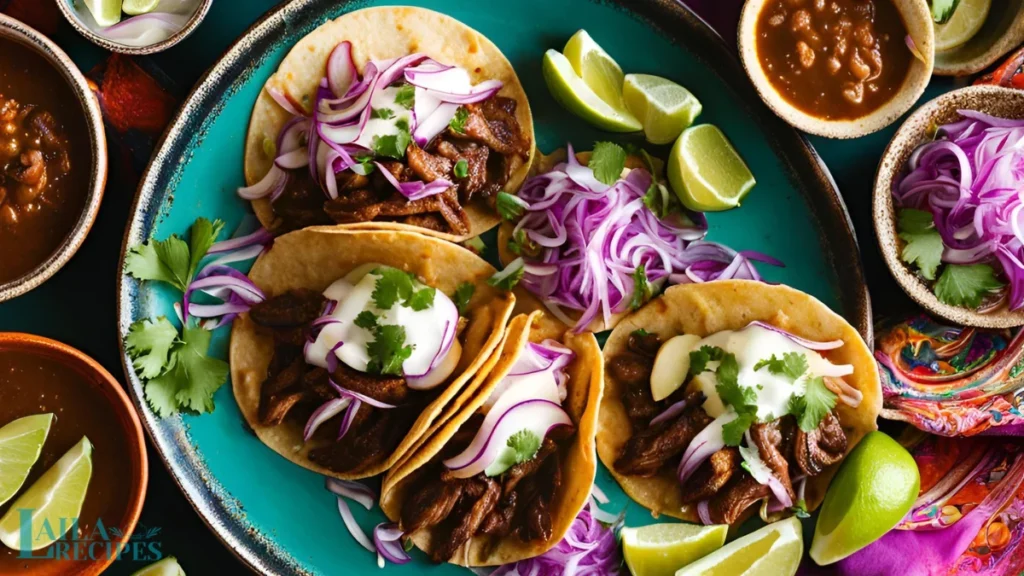 Birria Tacos recipe: A hand holding a freshly made birria taco, dripping with flavorful consomé, with a vibrant background of fresh vegetables and lime slices.