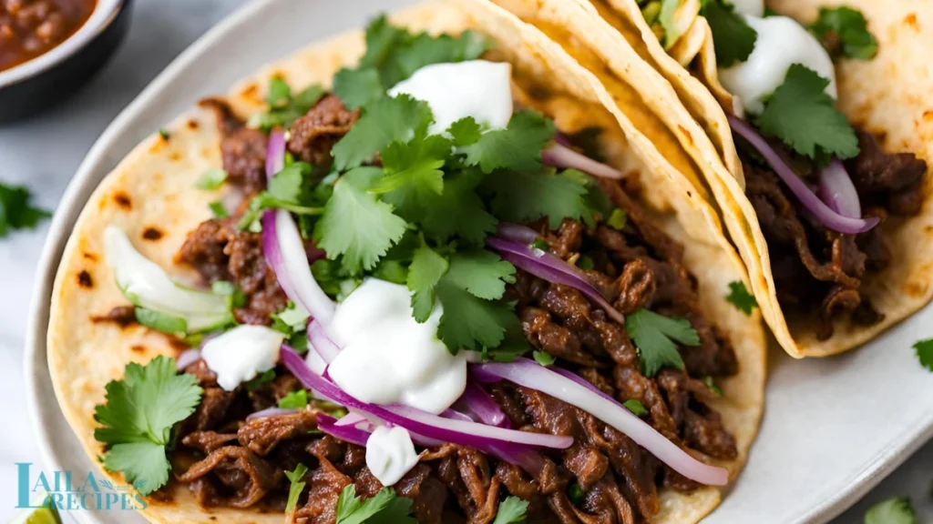 A flavorful birria sauce simmering in a pot, with various dried chilies and spices adding rich color and texture to the mixture.