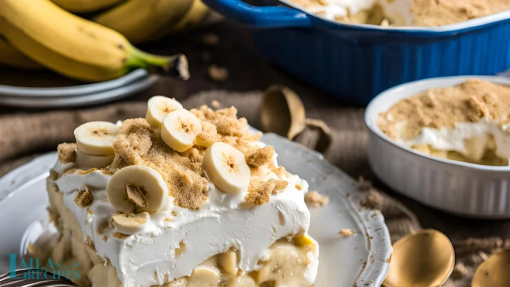 Sliced bananas and crushed wafers are scattered on top for decoration