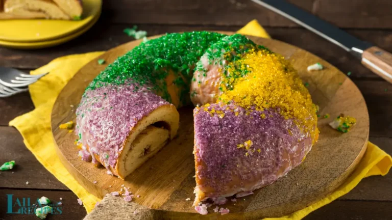 Close-up of purple, green, and gold sprinkles on the King Cake.