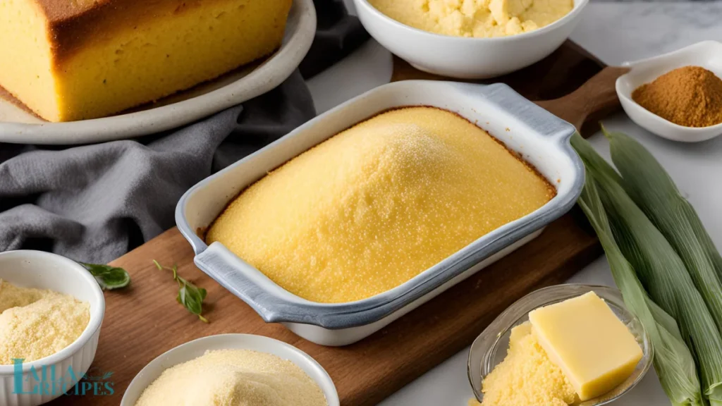 Southern cornbread served with a classic dinner spread, including fried chicken, mashed potatoes, and gravy.