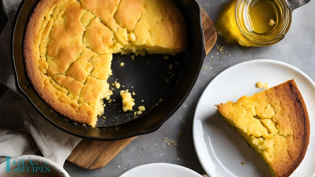 Freshly baked Southern cornbread in a cast-iron skillet with a golden crust, served with a dollop of butter melting on top.