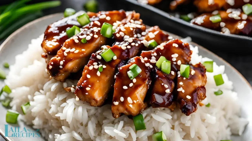 A plate of chicken teriyaki with sesame seeds and rice