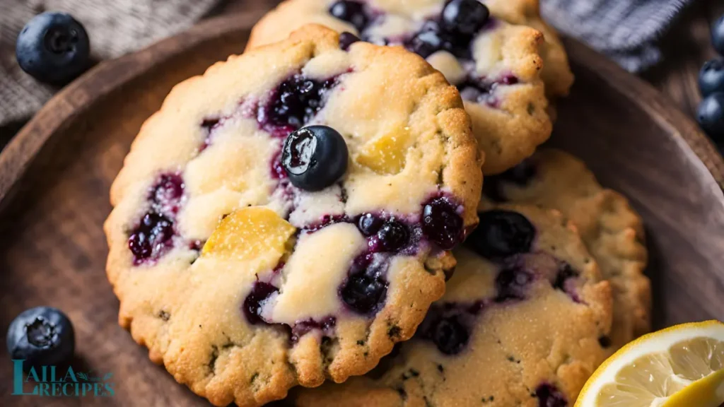 Plate of Lemon Blueberry Cookies with a cup of tea.