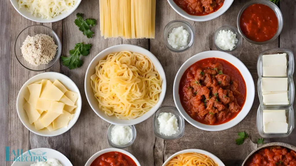 Ingredients for lasagna roll ups displayed on a countertop.