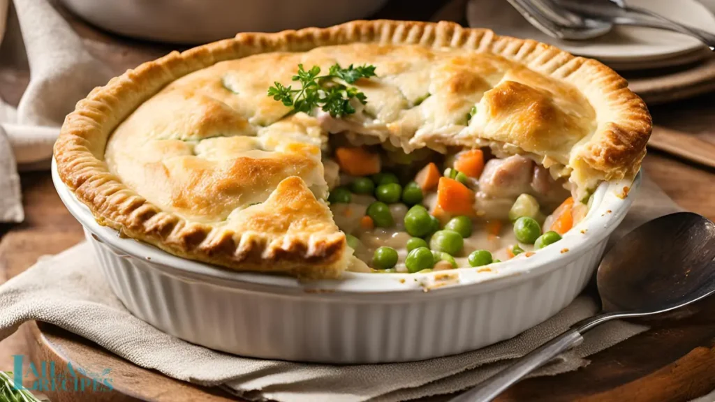 A saucepan with chicken, peas, and gravy being stirred.