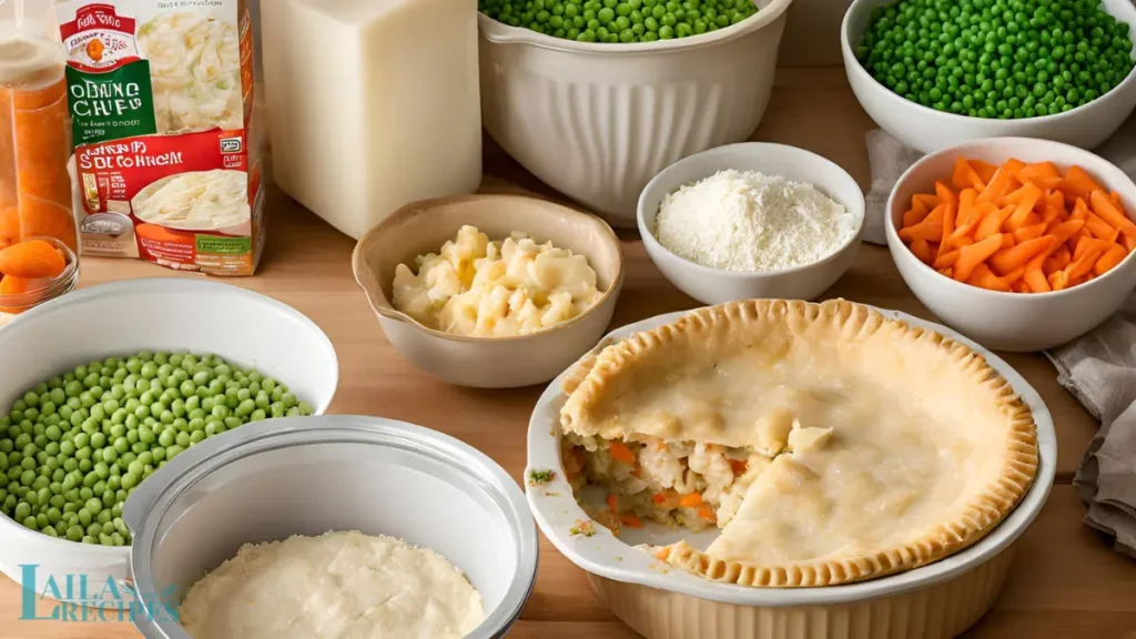 Ingredients for Easy Chicken Pot Pie Recipe laid out on a countertop.