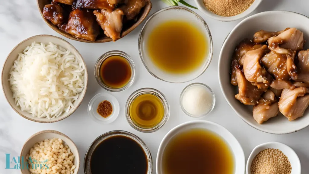 Ingredients for Teriyaki Chicken laid out on a counter