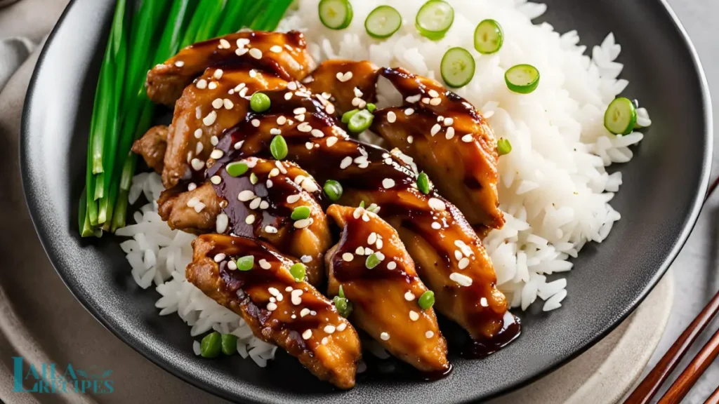 Close-up of golden, crispy chicken thighs in teriyaki glaze