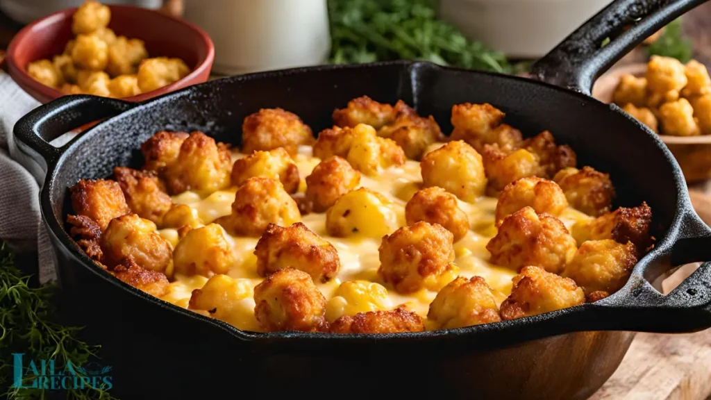 Unbaked Cowboy Casserole with tater tots arranged on top.