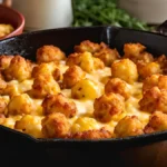 Unbaked Cowboy Casserole with tater tots arranged on top.