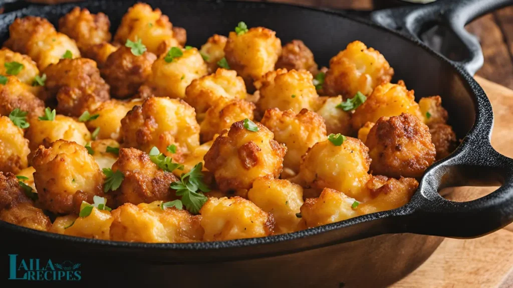 Close-up of Cowboy Casserole with golden tater tots.