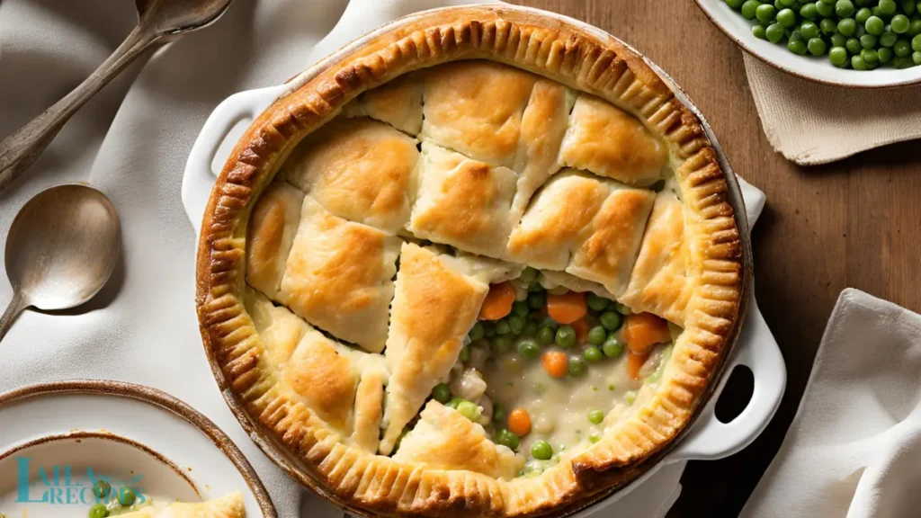 A slice of chicken pot pie served on a white plate.