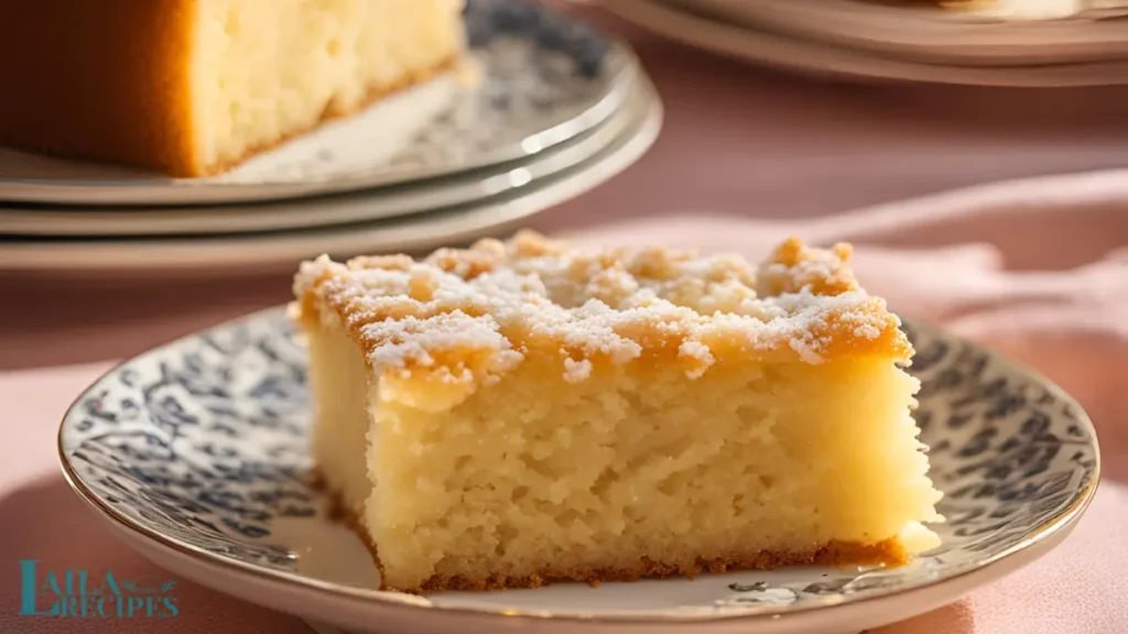 Butter cake topped with powdered sugar