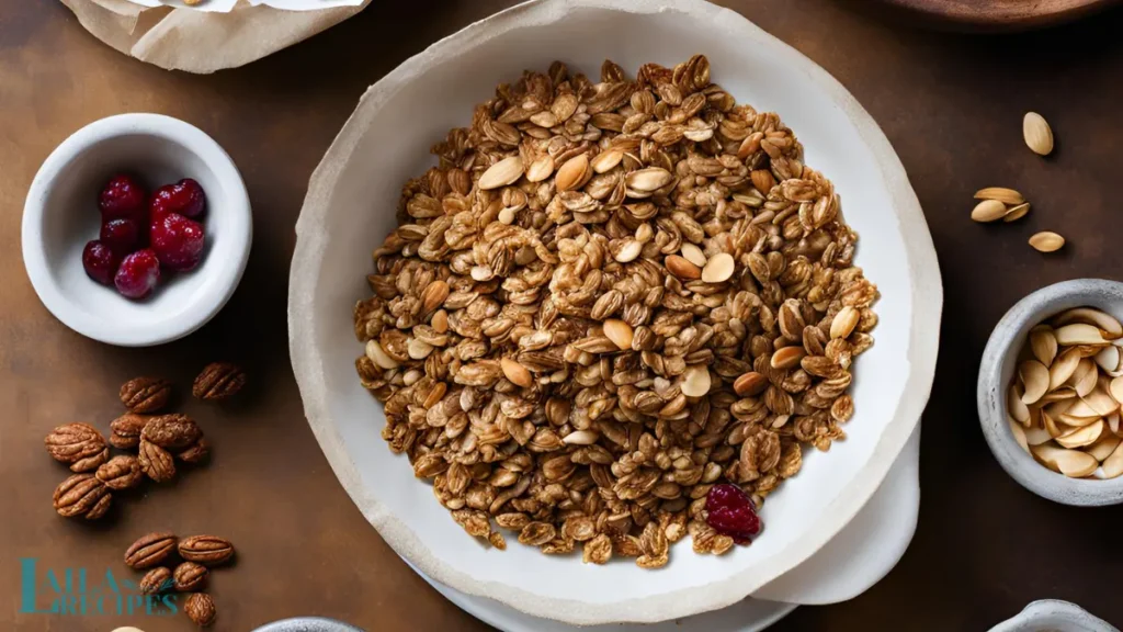 Close-up of crunchy granola with dried fruits and seeds.