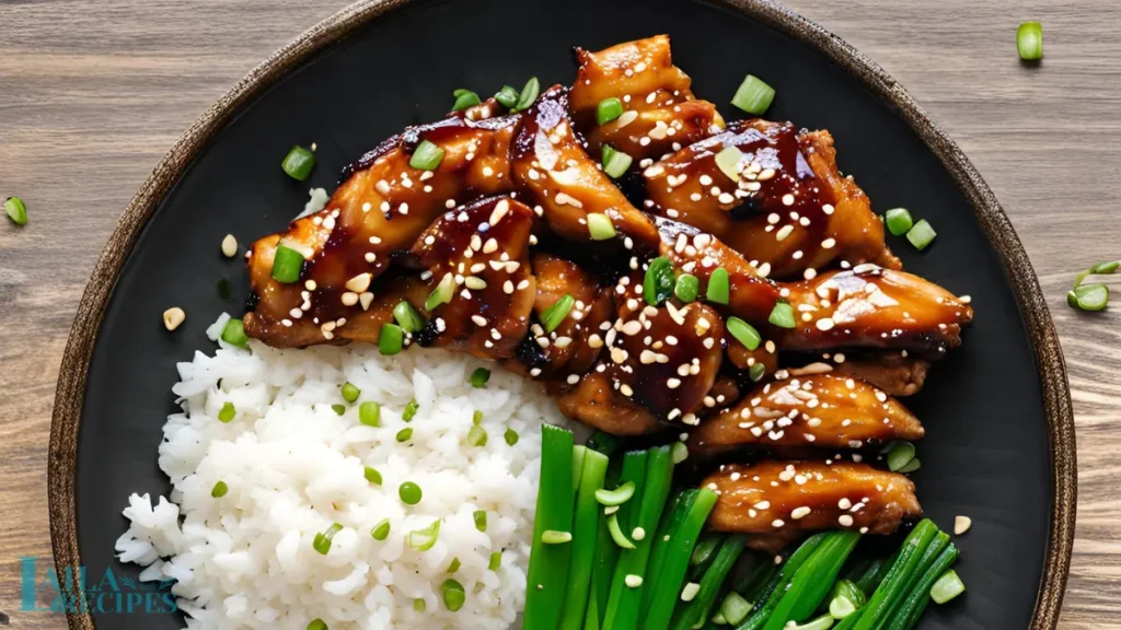 Teriyaki chicken served with rice and green onions