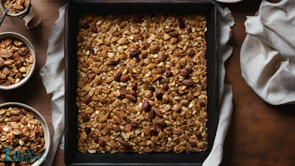 Ingredients for granola recipe in a mixing bowl.