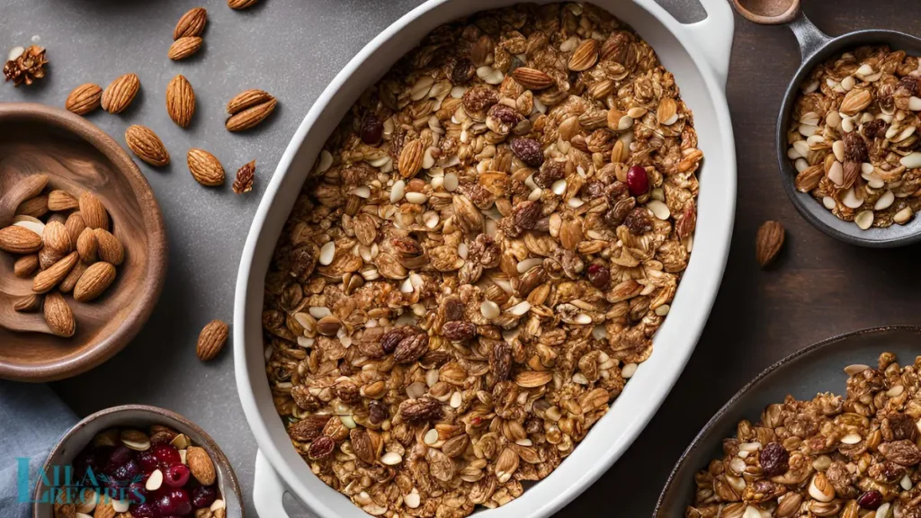 Bowl of granola with fresh berries and yogurt parfait.