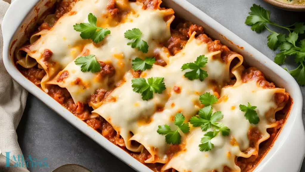 Cheesy lasagna roll ups in a baking dish ready to serve.