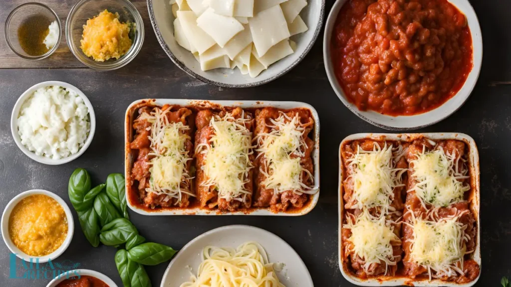 Step-by-step lasagna roll ups assembly with Barilla noodles.