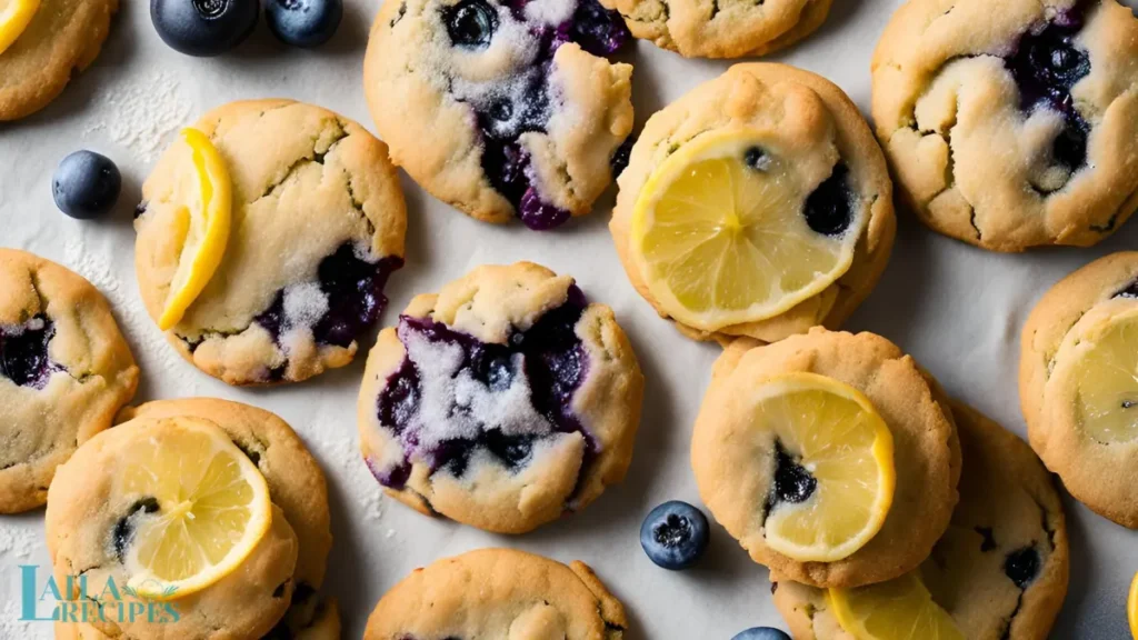 Close-up of soft Lemon Blueberry Cookies with a drizzle of lemon glaze.