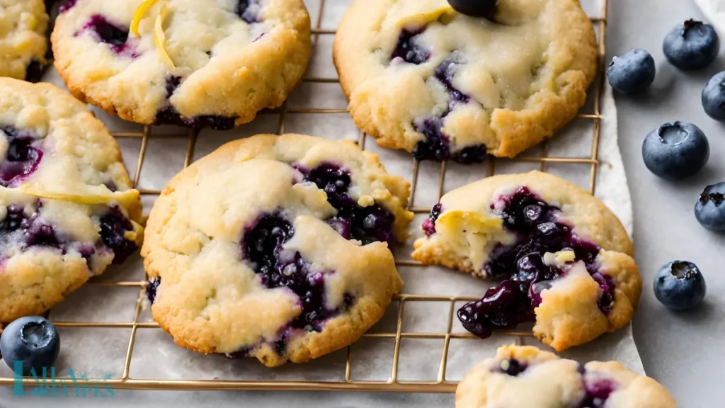 Golden brown cookies with blueberries and lemon zest.