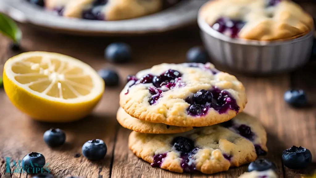 Freshly baked Lemon Blueberry Cookies on a cooling rack.