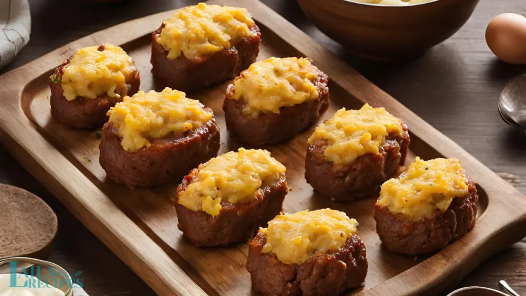 Sliced mini meatloaf revealing a cheesy center