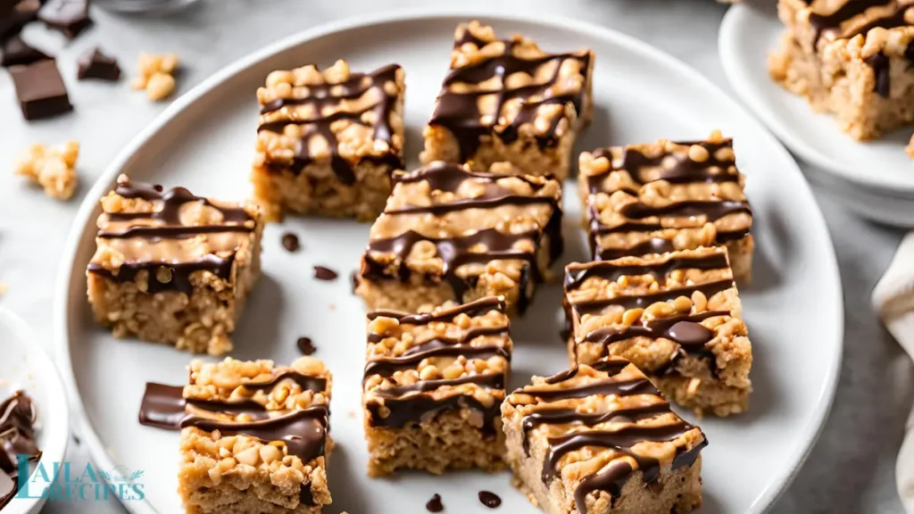 Close-up of gooey treats with chocolate drizzle