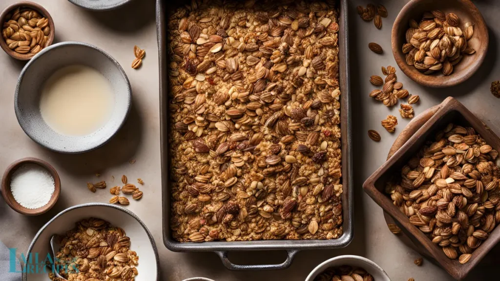 Healthy granola recipe served with milk in a bowl.