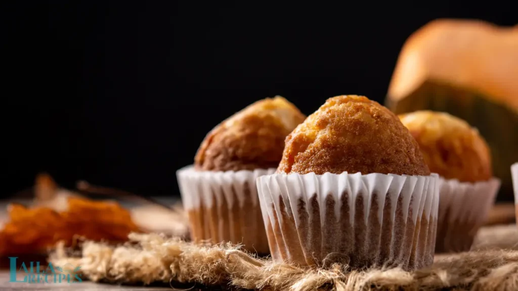 Pumpkin muffins with streusel topping on a plate.