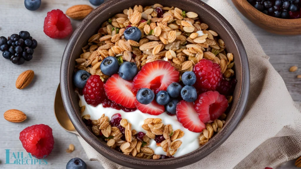 Homemade granola cooling on a baking sheet.