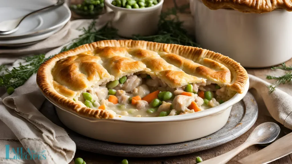 Chicken pot pie being served with a fork.