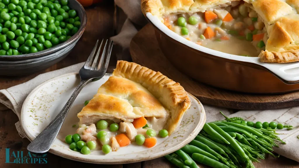 Sliced chicken pot pie with creamy filling spilling out.