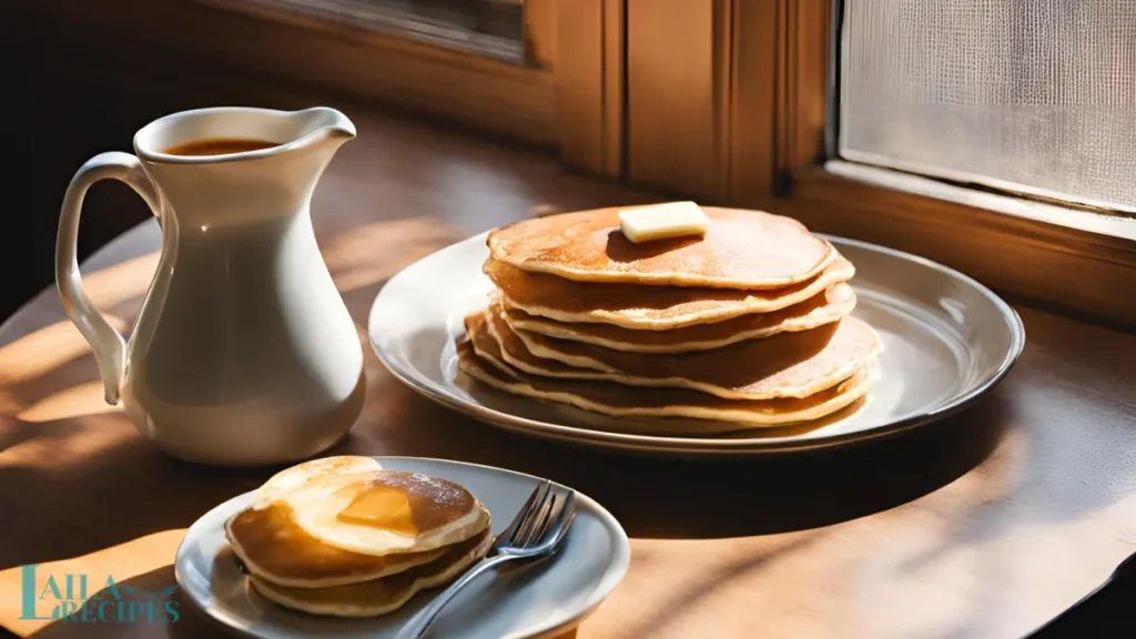 Stack of fluffy sourdough pancakes with syrup drizzle.