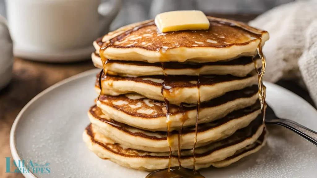 Golden brown pancakes cooking on a griddle.