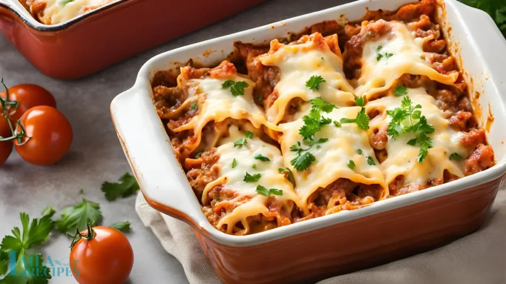 Prepared lasagna roll ups placed in a baking dish.