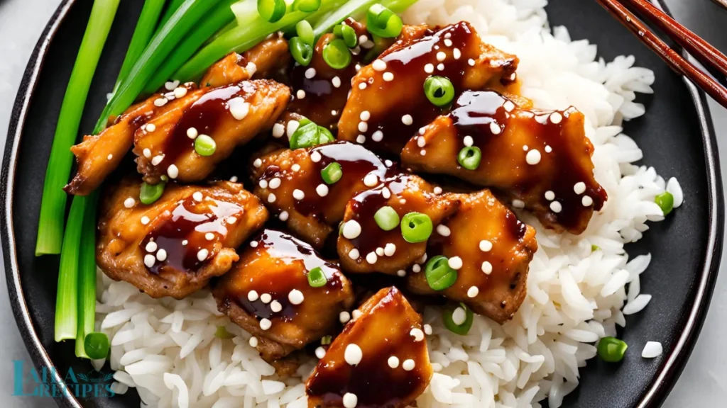 Garnished Teriyaki Chicken with sesame oil and green onions